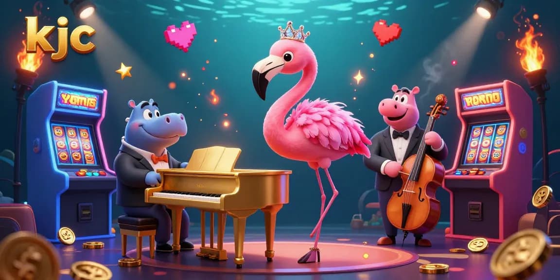 KJC engages players with vibrant, dynamic casino gaming featuring a flamingo singer and hippo bassist.