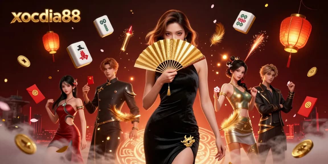 Xocdia88 brings thrilling online Xoc Dia gameplay alive with a captivating Asian woman amidst festive gaming symbols.