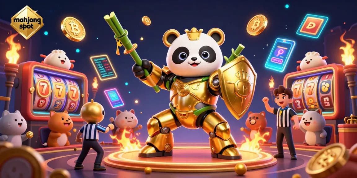 Experience the thrilling mahjong slot adventure with a golden panda in an animated casino scene.