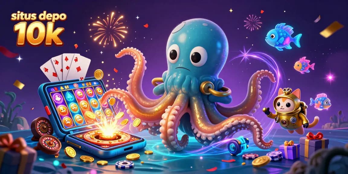 Situs depo 10k offers an exciting 3D casino scene with a kraken and diving cat, showcasing vibrant slot gameplay.