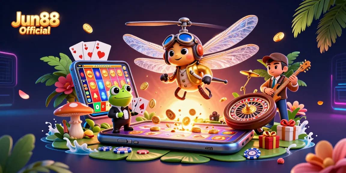 Experience thrilling gaming action at Jun88 Official with vibrant characters and casino elements.