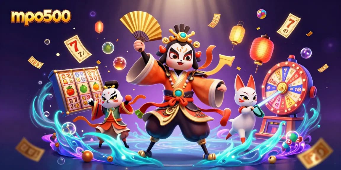 Experience thrilling gameplay at mpo500 with a vibrant 3D illustration of kabuki warrior and gaming elements.