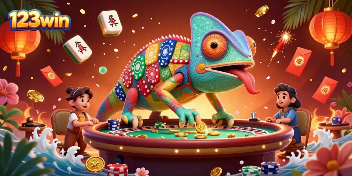 Win big at 123win with energetic chameleon casino owner in colorful 3D scene.