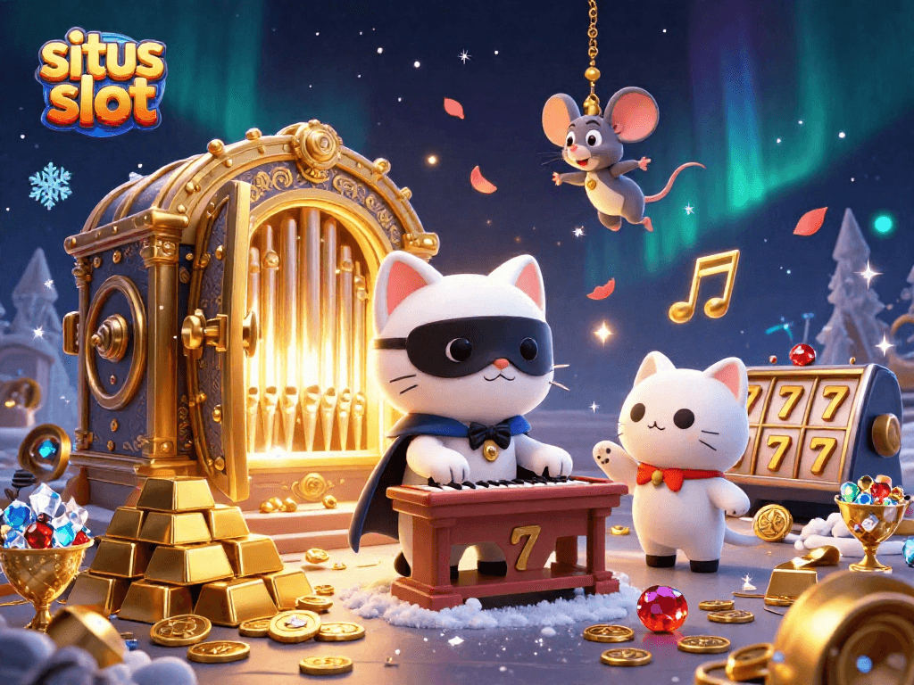 Permainan situs slot menampilkan kucing putih dengan topeng, grafis berkilau, dan elemen jackpot.