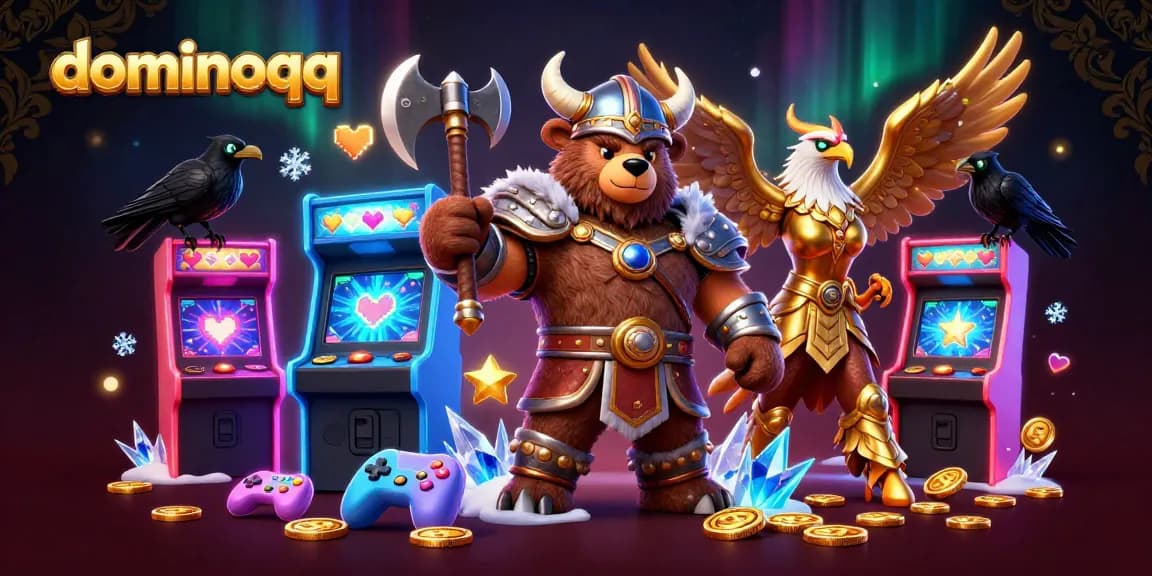 Experience thrilling dominoqq action with an epic Viking bear and Valkyrie in a vibrant casino scene.