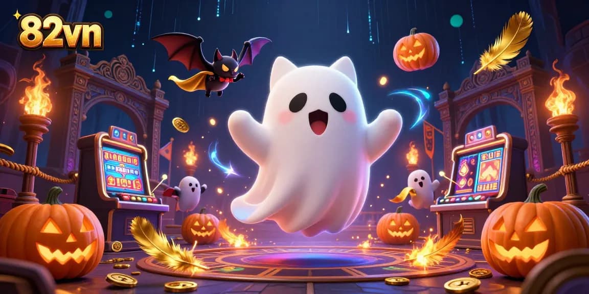 Engage in thrill and excitement at 82vn with a vibrant haunted casino scene featuring ghostly characters.