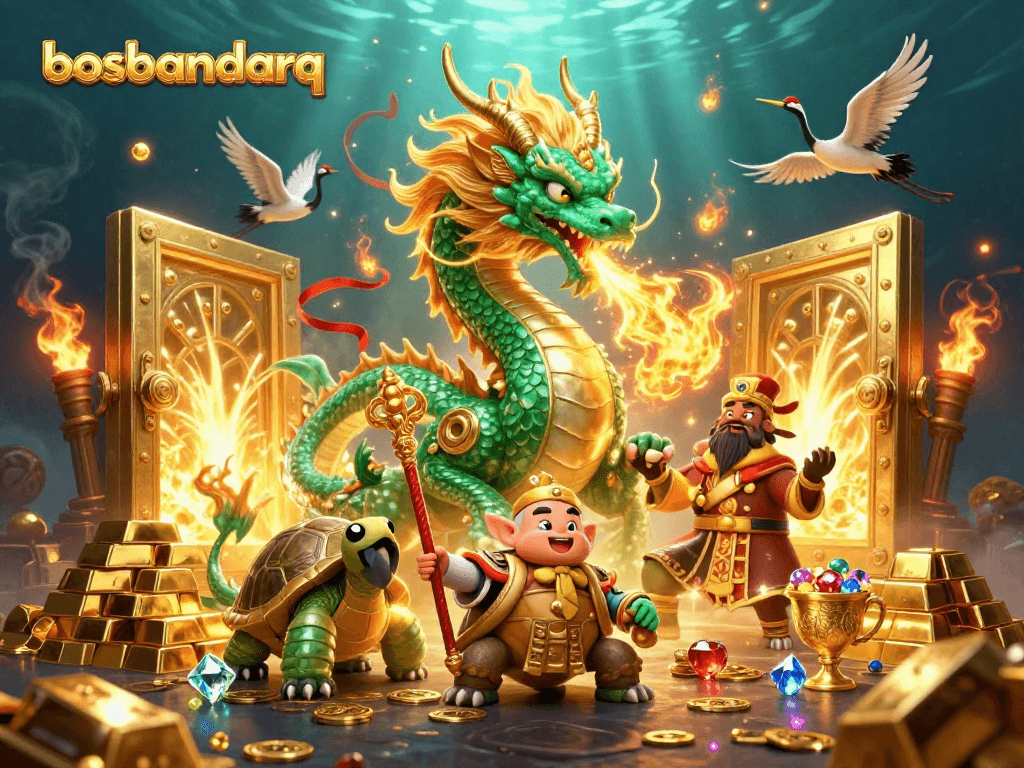 Experience winning at bosbandarq with a spectacular illustration featuring a dragon and treasures.