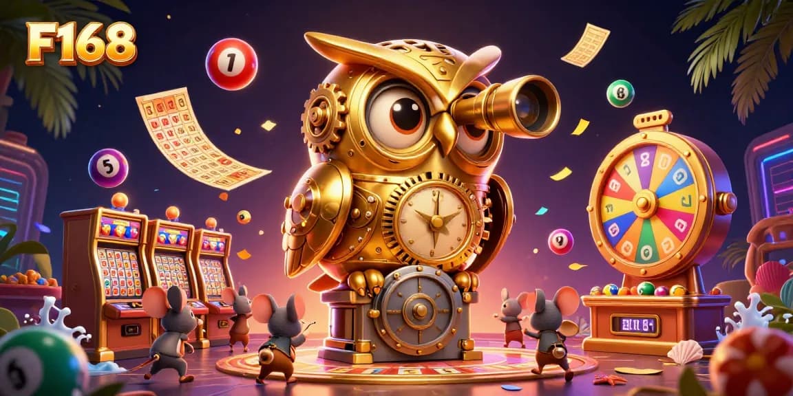 Experience the excitement of F168 with colorful lottery balls bouncing in a vibrant casino scene.