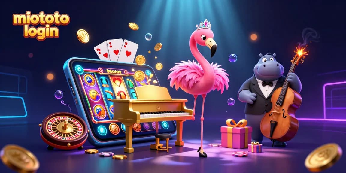 Engage with miototo login at a vibrant 3D casino featuring a flamingo singer and hippo bassist.
