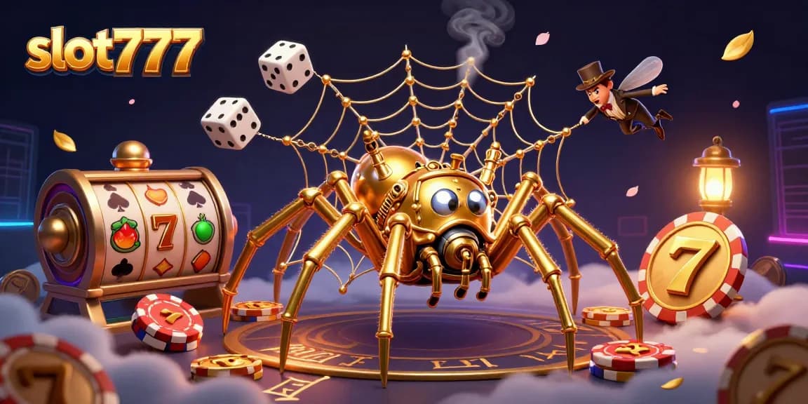 Engage with slot777 gaming through a vibrant 3D spider web of luck and winnings with iconic casino elements.