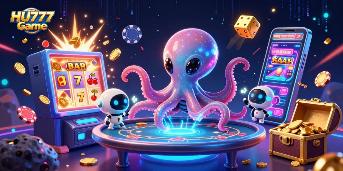 Join the thrilling HU777 Game with a vibrant 3D alien octopus playing poker amidst cosmic riches!