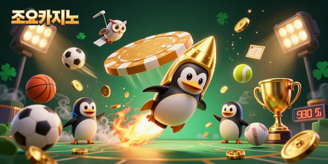 Experience thrilling action at 조이카지노 with a golden penguin racing towards a poker chip casino, surrounded by sports excitement.