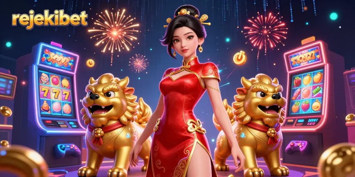 Experience rejekibet slots with vibrant visuals, featuring a glamorous Asian character and bonsai guardians.