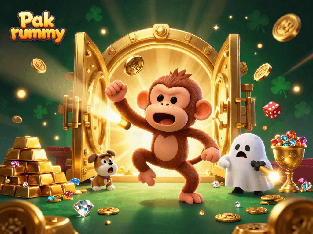 Engage in the thrilling Pak rummy experience with a ghost-hunting puppy and a poltergeist monkey in a lively casino scene.