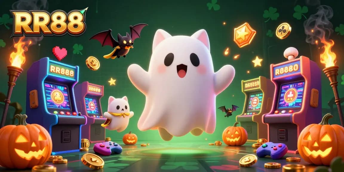 Experience thrilling gaming at RR88 with a vibrant casino scene featuring a ghost cat and vivid arcade elements.