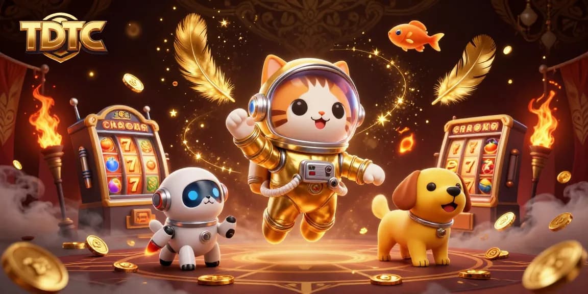 TDTC showcases a thrilling slot experience featuring a golden space astronaut cat amidst vibrant cosmic motifs.