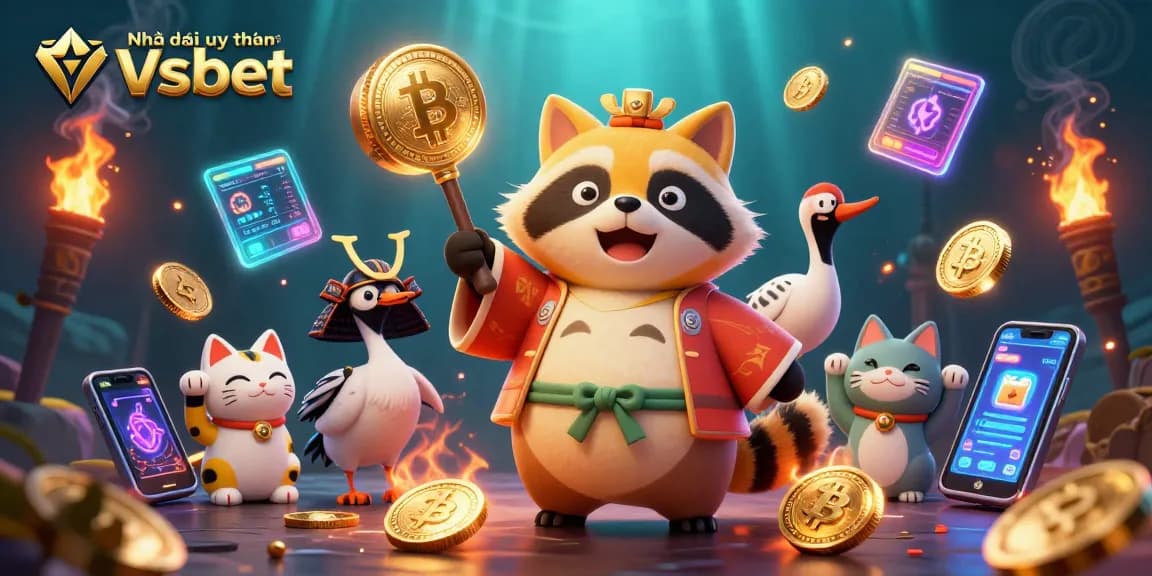 Experience the excitement of Nhà cái uy tín Vsbet with this vibrant 3D casino illustration featuring a cheerful tanuki and cryptocurrency elements.