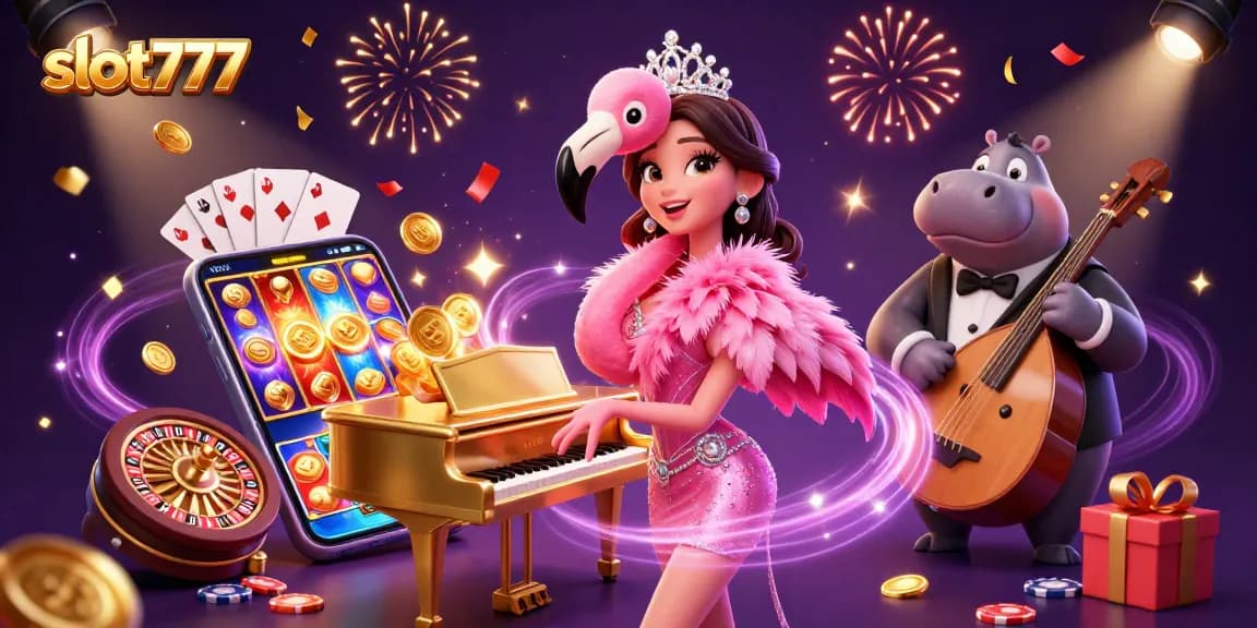 Experience excitement with slot777 at a vibrant casino scene featuring lively characters and engaging game elements.