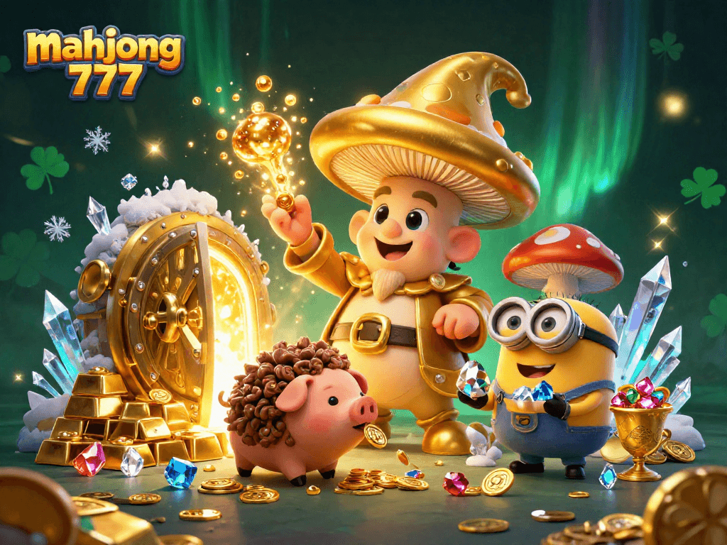 Experience the thrill of mahjong 777 with a golden mushroom wizard surrounded by treasures.