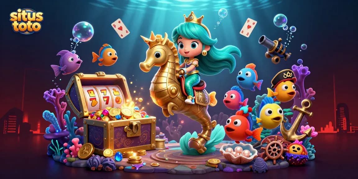 Experience situs toto with a vibrant underwater casino scene filled with treasures and gaming symbols.
