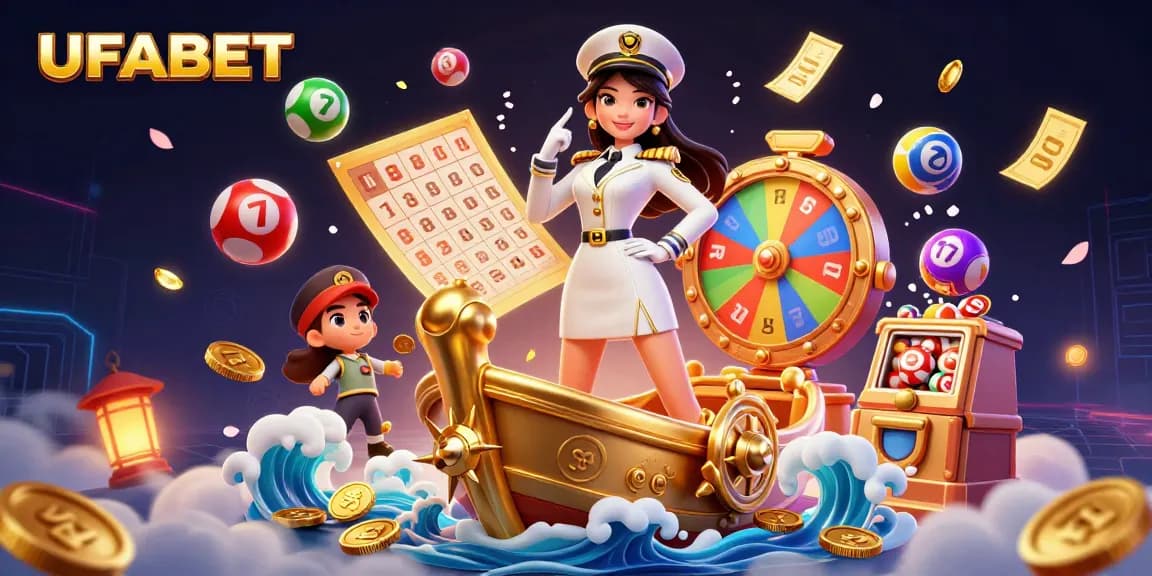 Play and win at UFABET with an engaging 3D casino illustration featuring vibrant lottery elements.