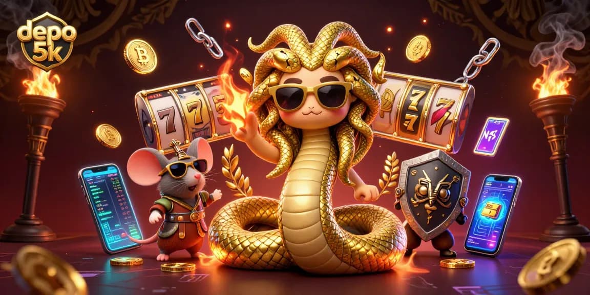 Engage with the depo 5k themed casino scene featuring Medusa, a warrior mouse, and vibrant slot elements.