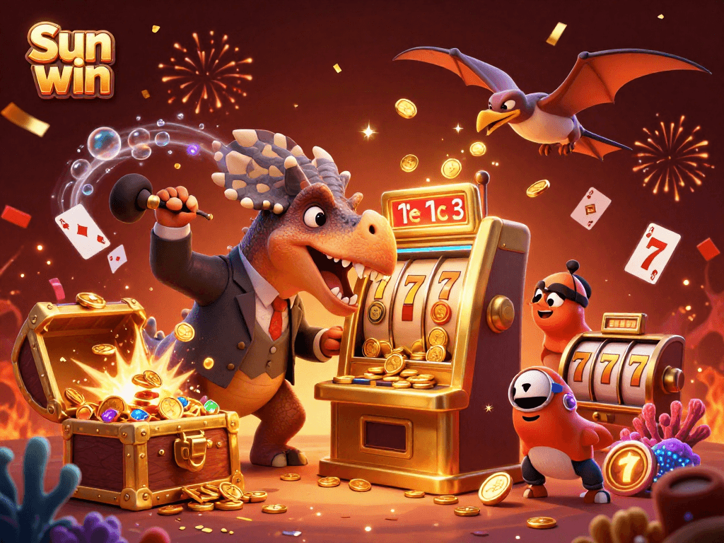 Experience excitement at Sun win as a pachycephalosaurus wins coins from a golden slot machine.