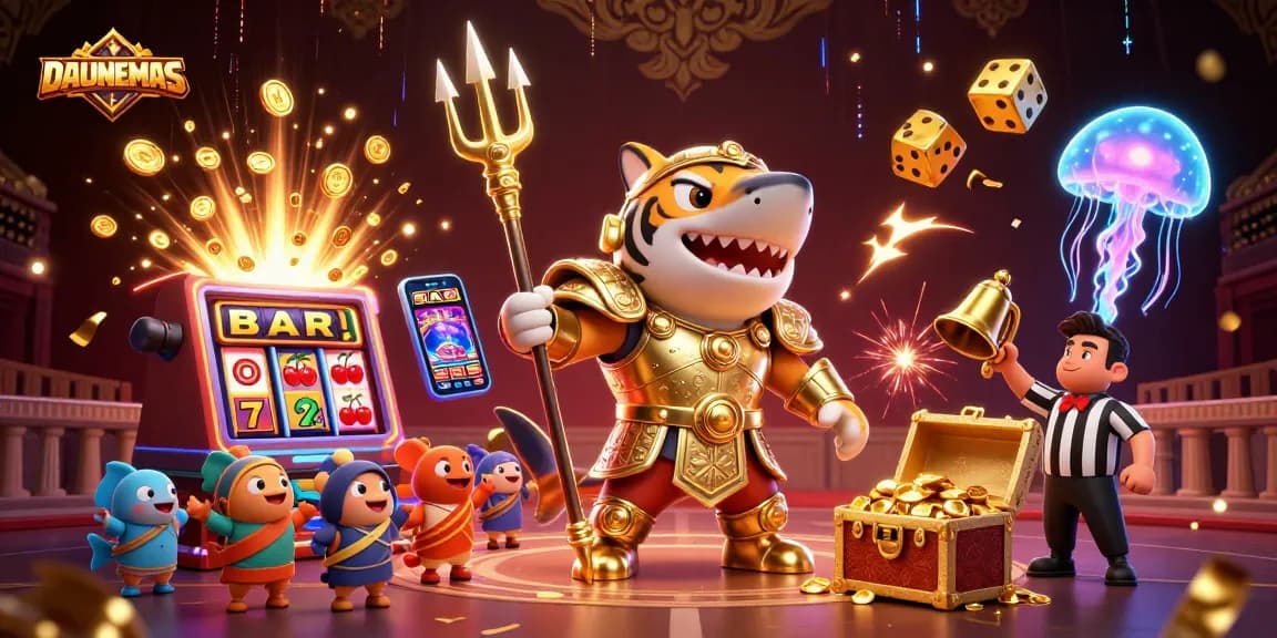 DAUNEMAS showcases an underwater casino arena featuring a shark, vibrant slots, and gold coins.