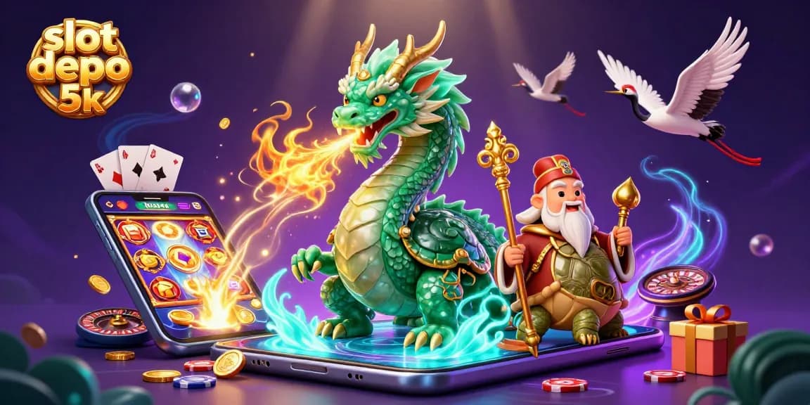 Engage with exciting slot depo 5k games featuring a dragon, sage, and lucky cranes in a vibrant casino scene.