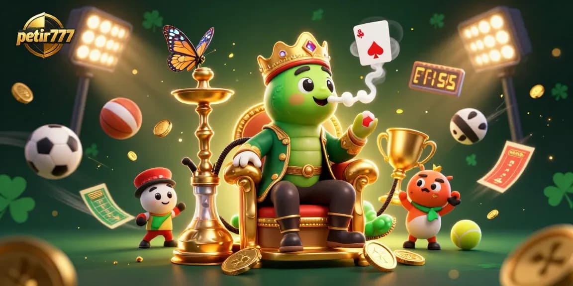 Engage with petir777 by betting in a vibrant casino scene featuring a playful caterpillar on a throne, sports elements, and golden coins.