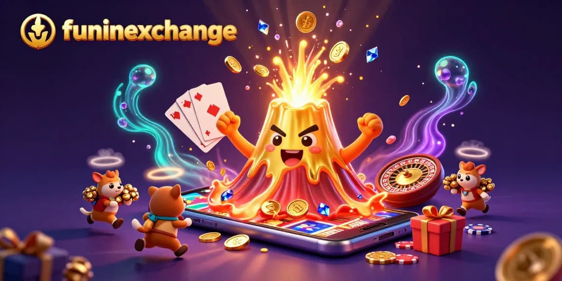 Experience the excitement of funinexchange with a vibrant volcano erupting coins and unique gaming elements.