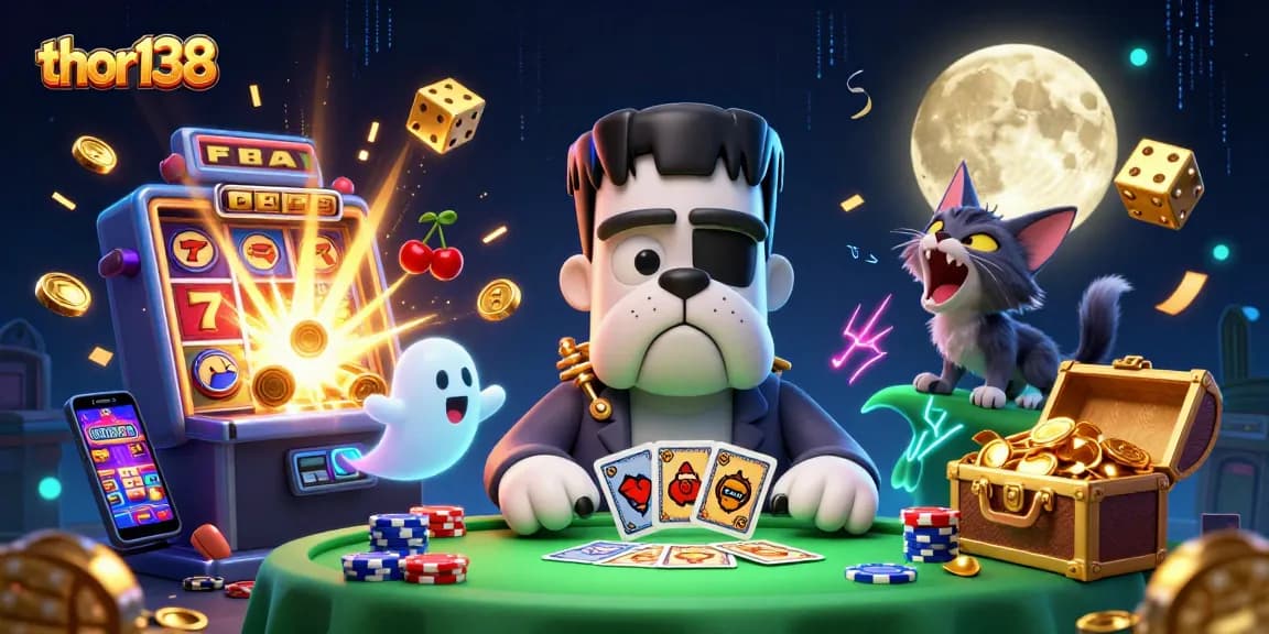 Menang besar dengan thor138, monster bulldog kartun bermain kartu di meja kasino yang penuh harta karun.