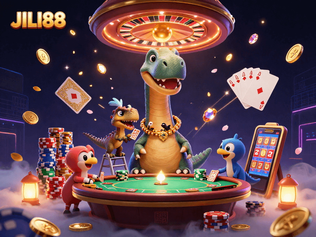 Experience excitement with JILI88 as a colossal brontosaurus oversees dynamic card play and casino action.