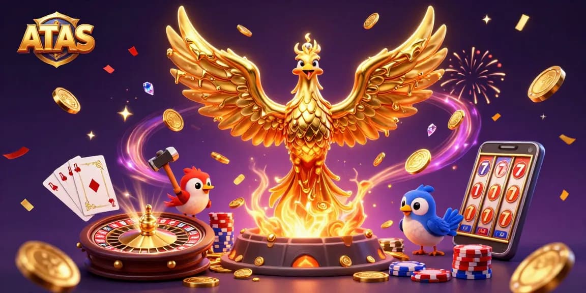 Engage with the ATAS casino experience featuring golden phoenixes and dazzling gaming elements.
