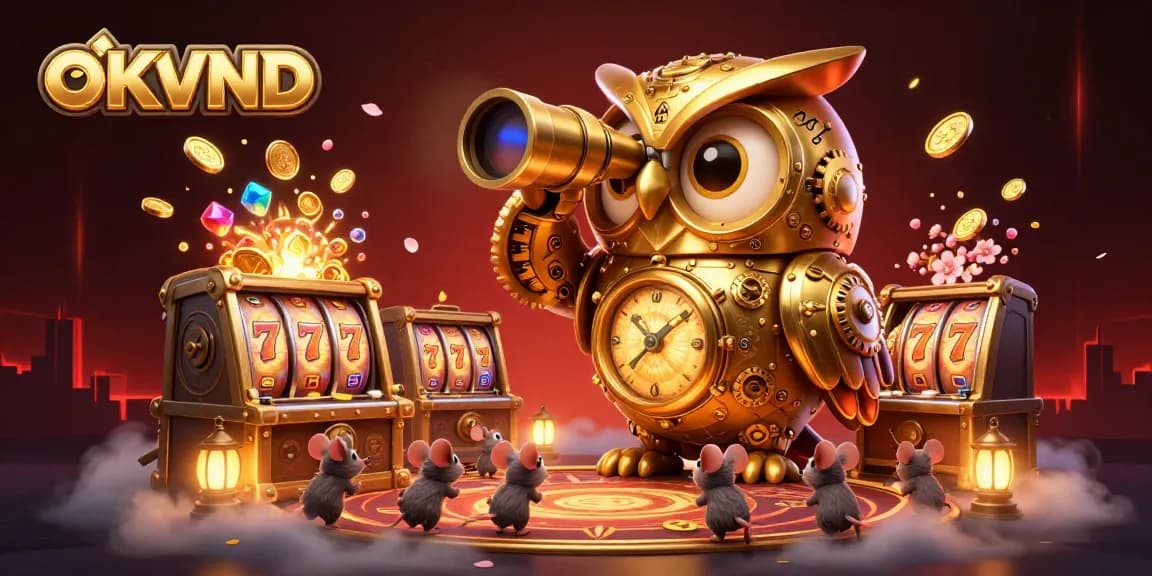 Engage with OKVND's vibrant casino scene filled with dynamic slot machines and treasures.