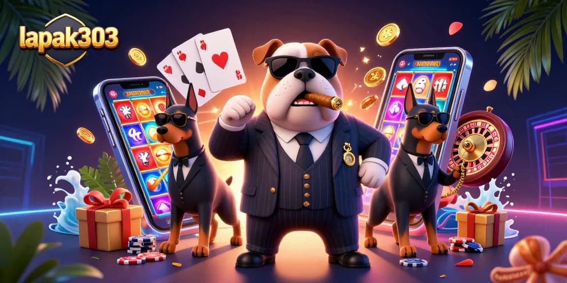 Join the excitement at lapak303 with a vibrant casino scene featuring a cartoon bulldog and poker elements!