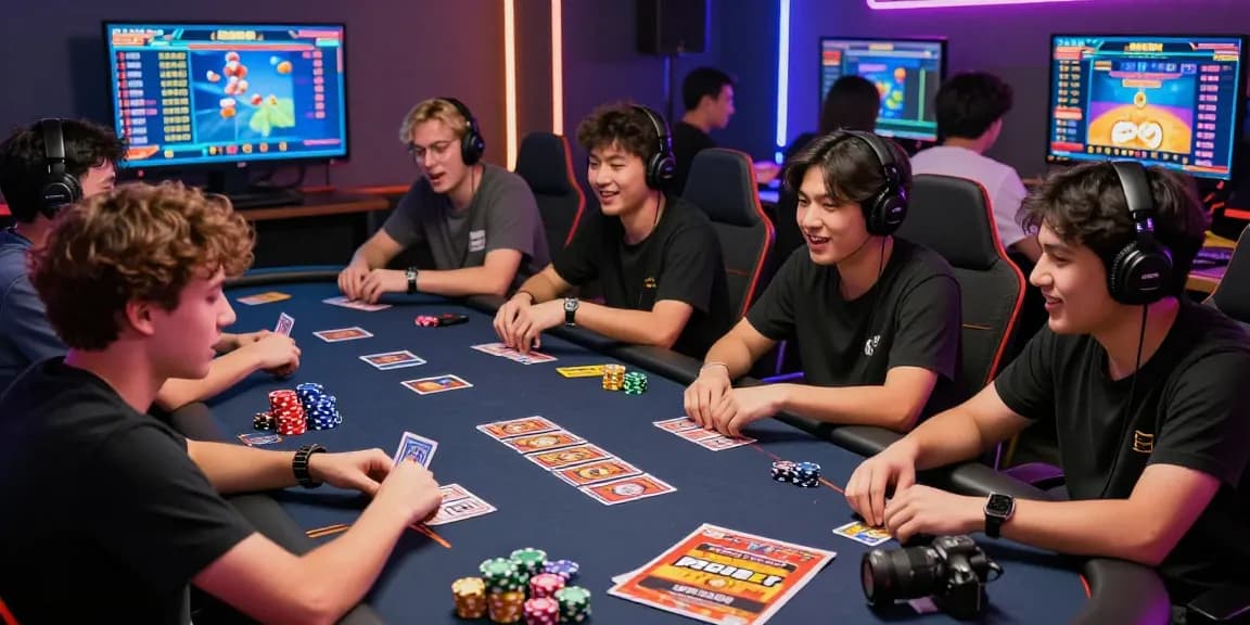 Engaging game bài đổi thưởng scene with young adults enjoying online gaming, showcasing excitement and vibrant atmosphere.