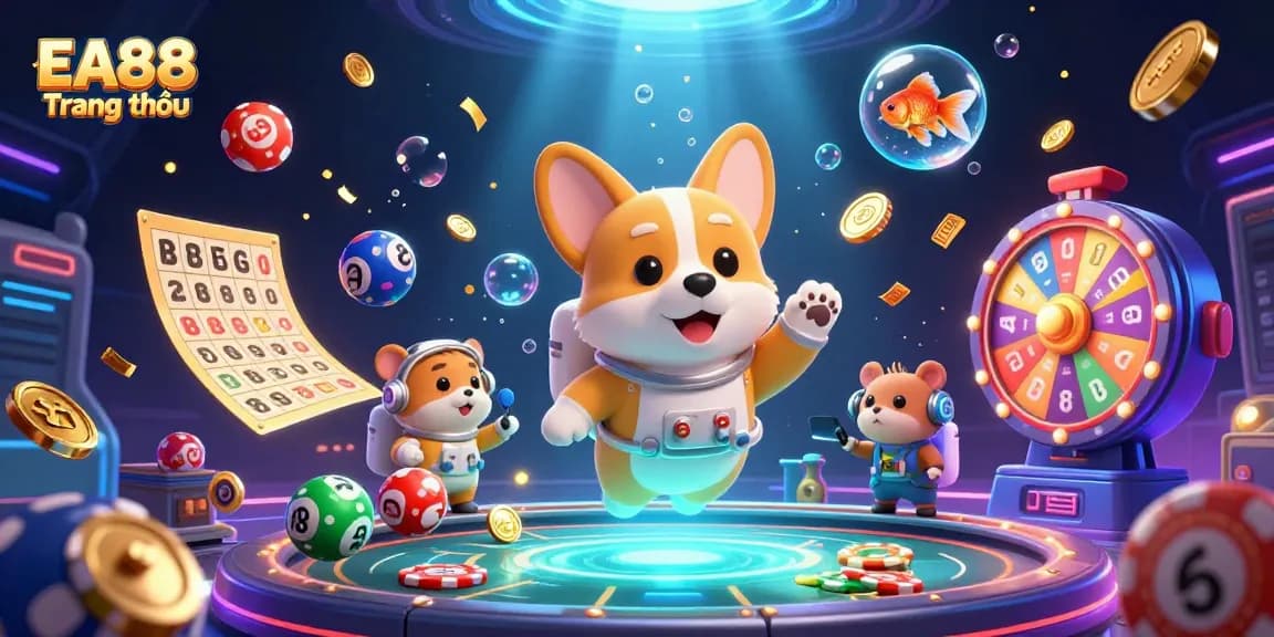 Experience thrilling action at EA88 Trang chủ with a dynamic space casino scene featuring playful characters.