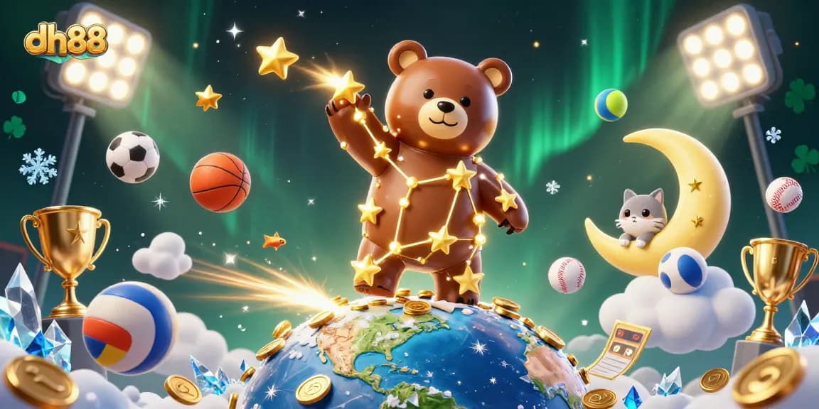 Win big with dh88 as a constellation bear scoops coins amidst vibrant gaming elements.
