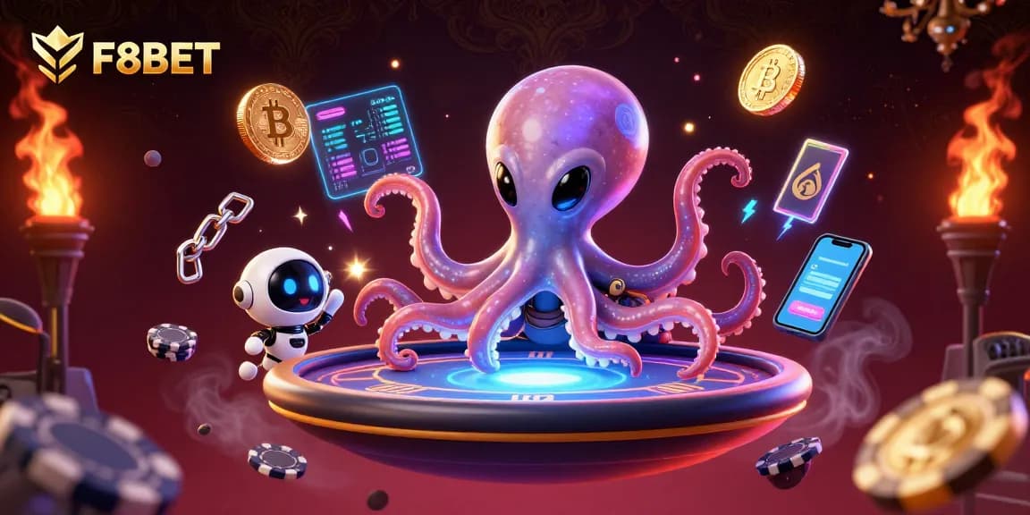 Engage with F8BET's thrilling alien casino scene featuring a cartoon octopus, poker table, and vibrant crypto elements