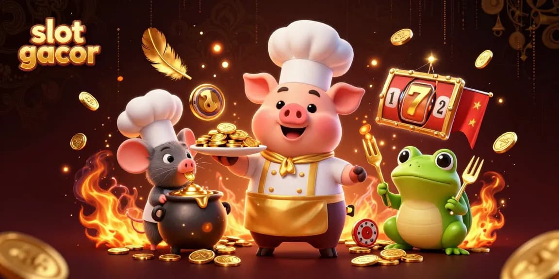 Slot gacor mempersembahkan ilustrasi kasino menampilkan chef babi dan karakter menarik lainnya.
