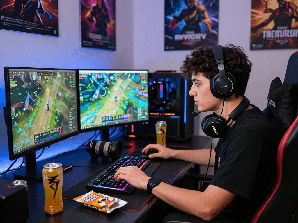 Engaging online gaming setup at mpocash.blog showcasing vibrant graphics, focused player, and immersive atmosphere.