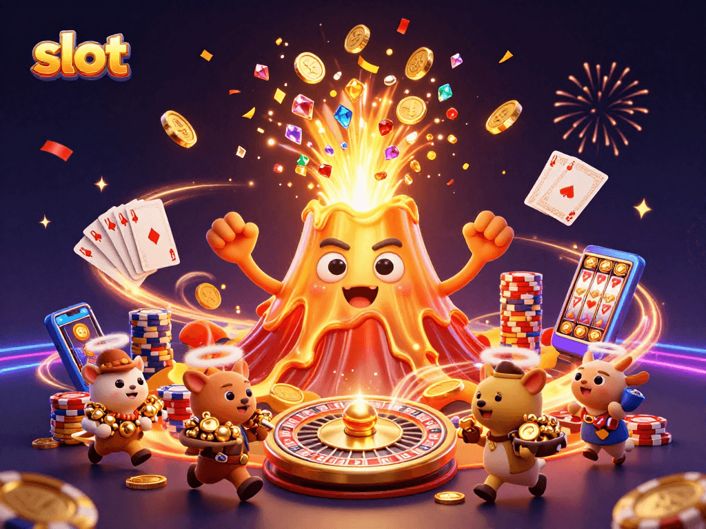 Experience thrilling slot adventures with a dynamic illustration of a golden volcano erupting coins and gems in a casino.