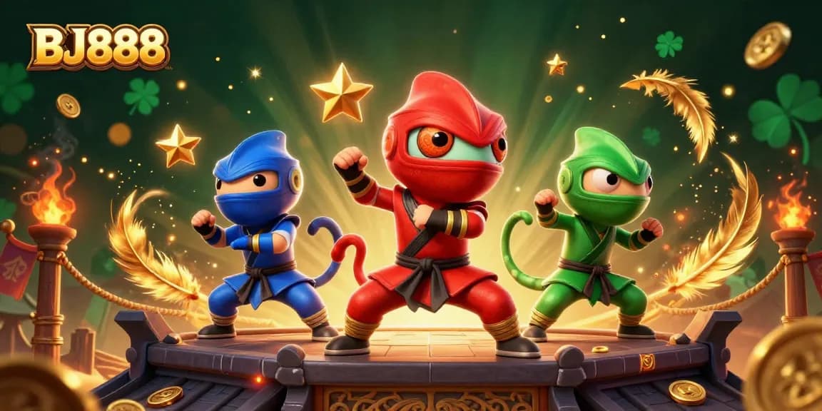 BJ888 showcases vibrant ninja chameleons amidst a dynamic casino-themed illustration, embodying excitement and strategy.