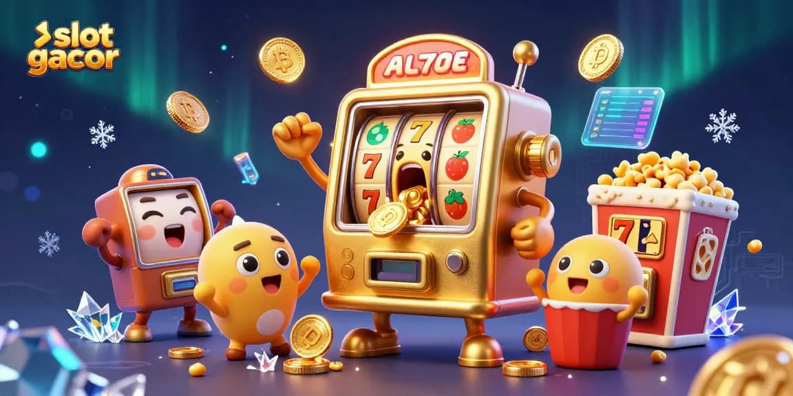 Experience the excitement of slot gacor with animated slot machines celebrating jackpots and crypto elements.