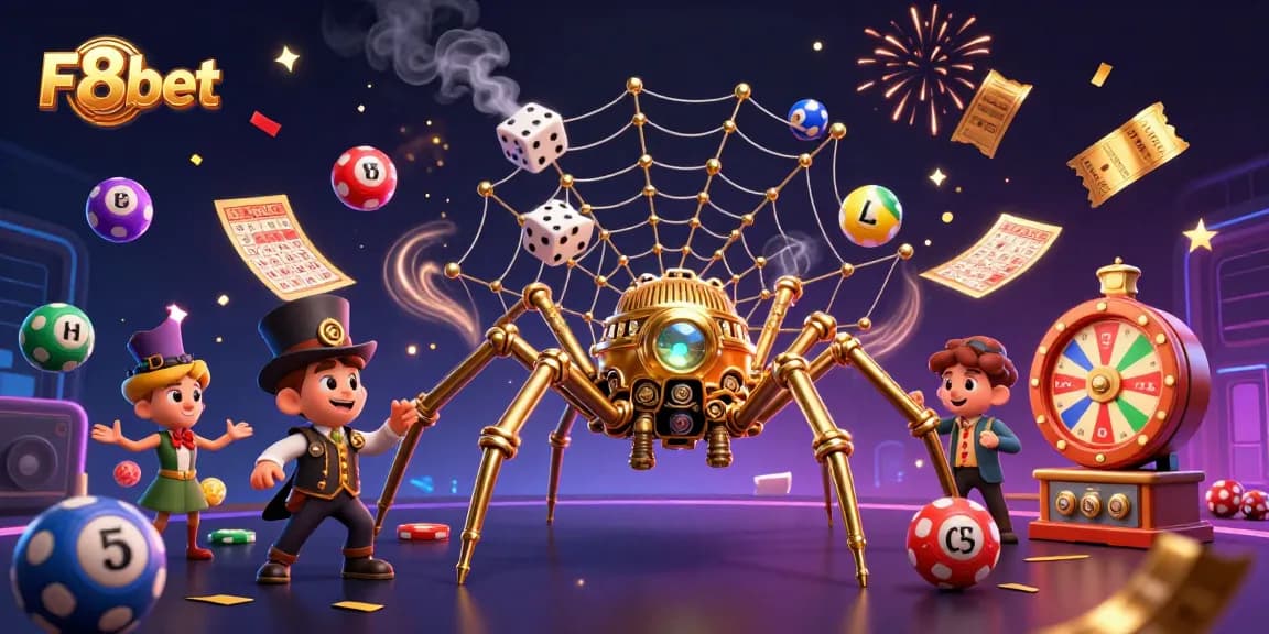 Experience the excitement of F8bet with colorful lottery balls and golden spider in a casino setting.