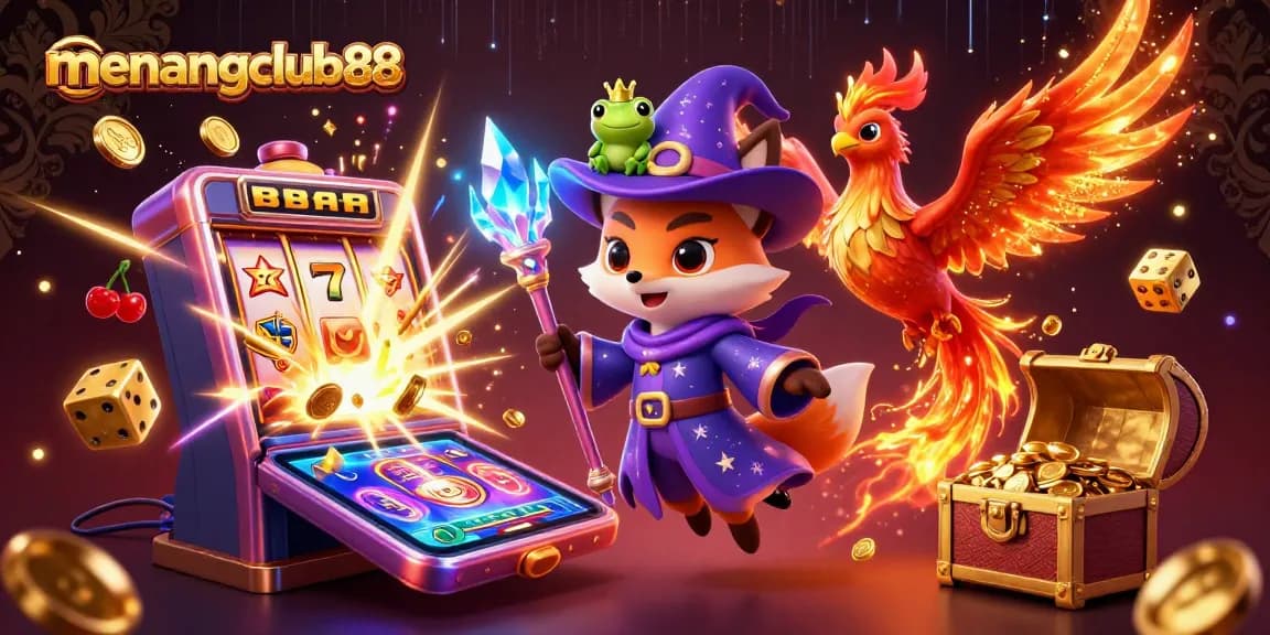 Experience the thrill of winning at menangclub88 with a dynamic 3D casino scene illustrating games and excitement.