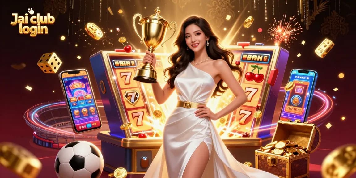 Experience thrill with Jai club login as an Asian woman celebrates victory at a colorful casino.