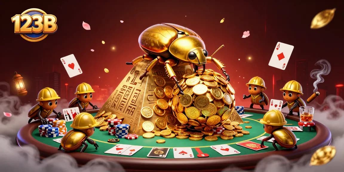 Experience thrilling gameplay at 123B with golden coins, poker tables, and vibrant casino symbols.