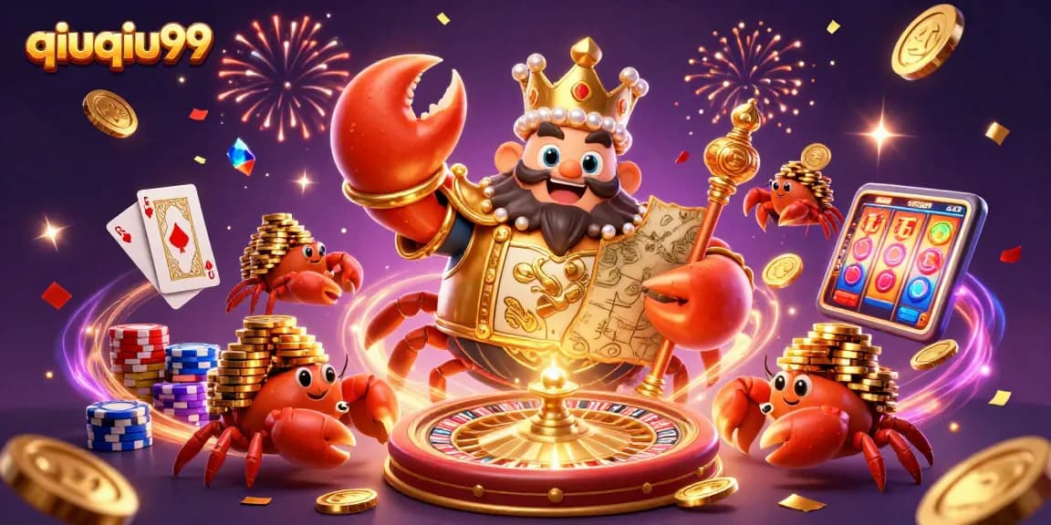 Join the fun at qiuqiu99 with a golden crab emperor and vibrant casino elements!